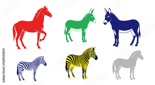 Vector colorful animals illustration horse donkey and zebra vector art design graphic template isolated background