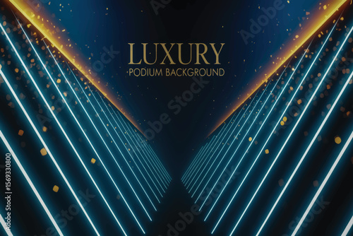 Luxurious dark blue background with glowing V-shaped neon tunnel, golden particles, geometric symmetry, and central LUXURY PODIUM BACKGROUND text (3)