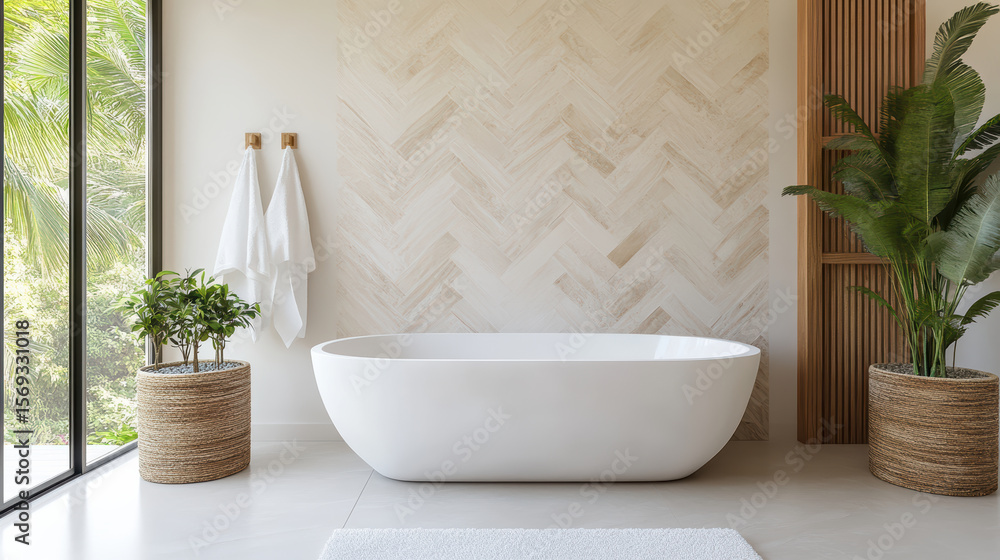 Fototapeta premium Luxurious bathroom with modern bathtub, elegant decor, and natural light