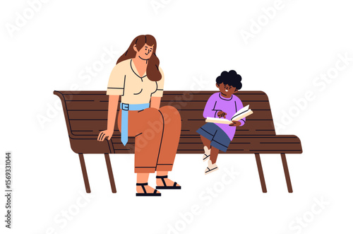 Happy kid is learning to read book outdoors. Nanny and cute child sit on bench in park together. Mother teaches little boy by textbook in nature. Flat isolated vector illustration on white background