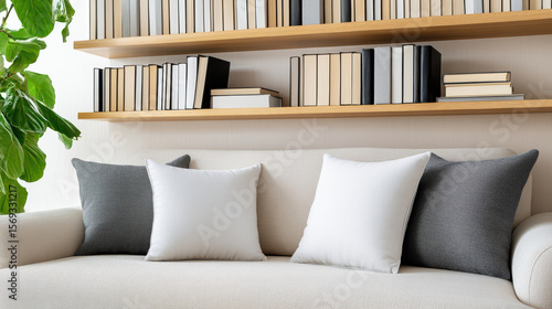 Cozy home library corner with comfortable sofa and decorative pillows, perfect for reading