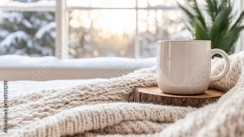 Wallpaper Mural Cozy winter scene featuring warm mug on wooden slice, surrounded by soft blanket and sunlight Torontodigital.ca