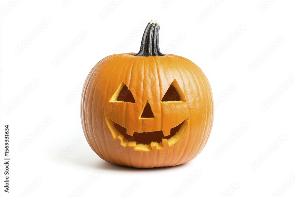 Smiling jack o' lantern pumpkin with carved face on white background Smiling jack o' lantern pumpkin with carved face on white background