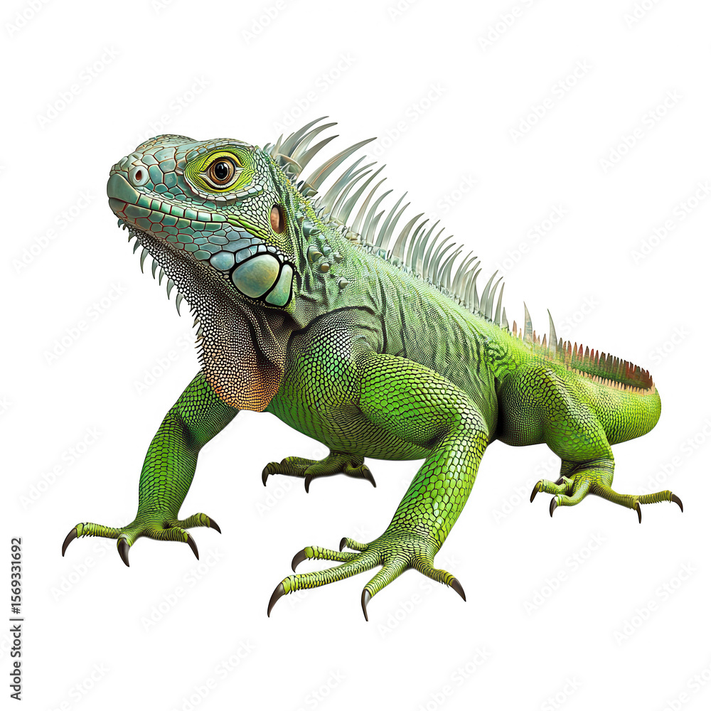Fototapeta premium Detailed illustration of a vibrant green iguana with sharp claws and prominent crests isolated on transparent background