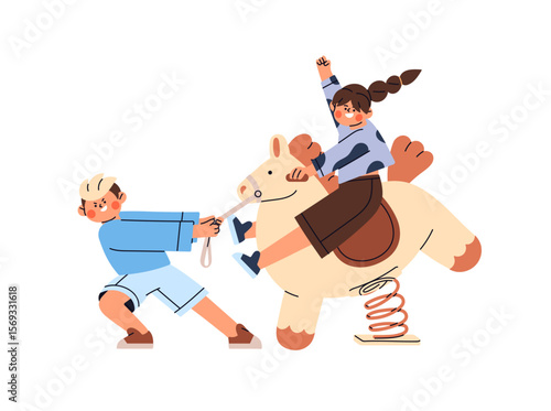 Happy kids ride spring rider on playground. Children swing on rocker in park. Friends play, have fun on school ground, outdoors together. Flat isolated vector illustration on white background