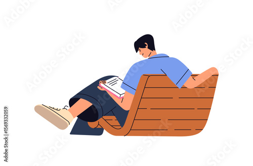 Happy boy sits on bench in park and reads fiction or educational book. Reader relaxes with novel, story, tale in hands outdoors back view. Flat isolated vector illustration on white background