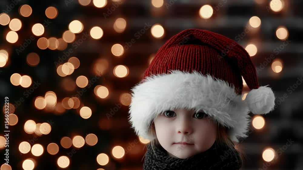 Child in Christmas hat with bokeh lights Child in Christmas hat with bokeh lights