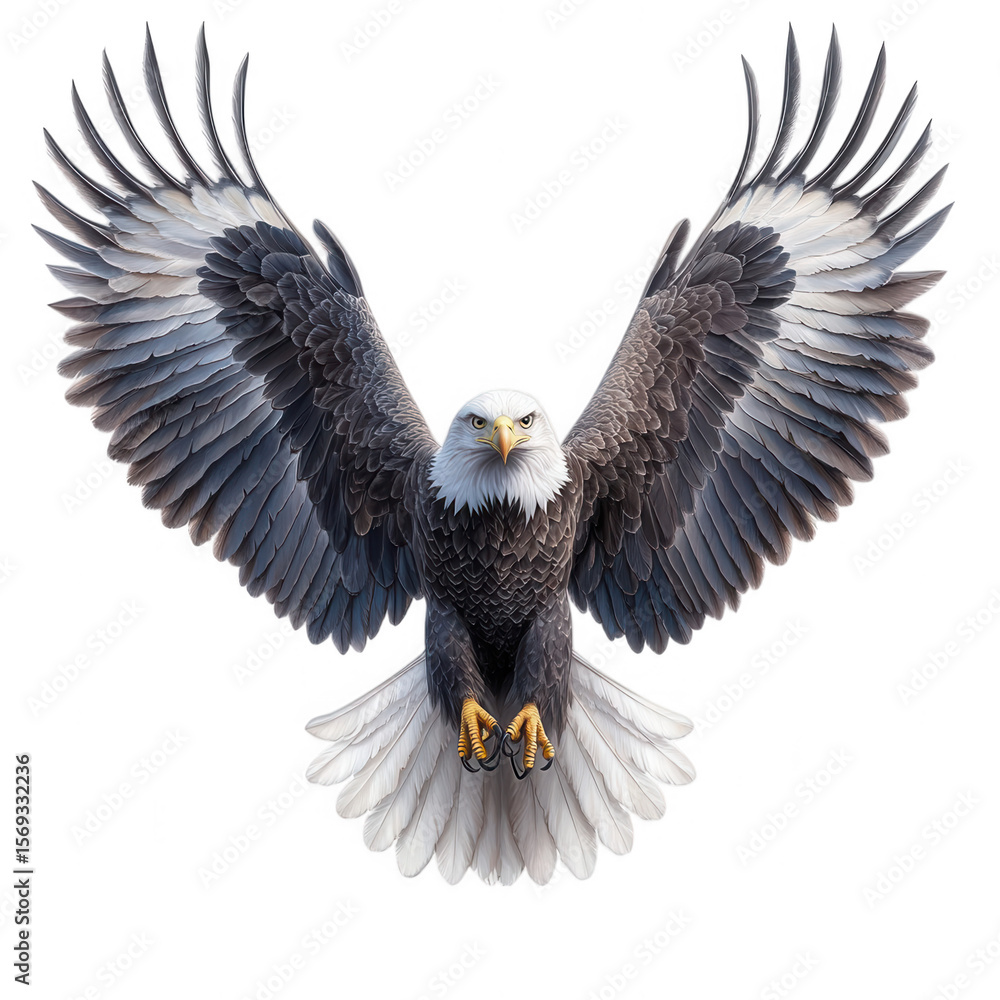 Obraz premium Majestic bald eagle with wings spread wide in flight showcasing detailed feathers and piercing gaze isolated on transparent background