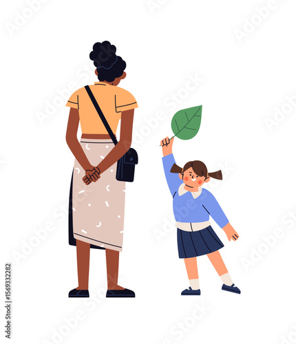 Happy child holds in hand, shows green leaf to teacher outdoors. Cute kid with nurse explores nature in park. Little girl has fun on playground. Flat isolated vector illustration on white background