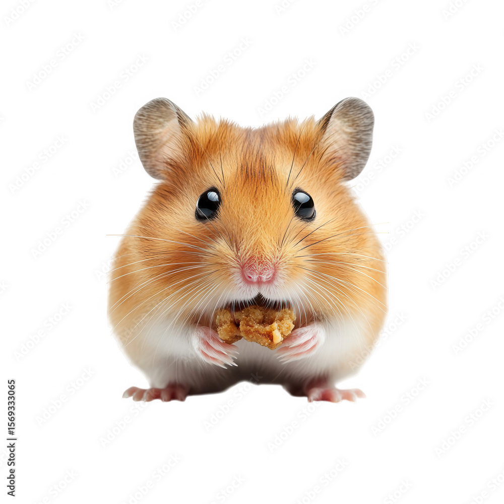 Close up of a cute fluffy syrian hamster holding a small piece of food in its paws isolated on transparent background