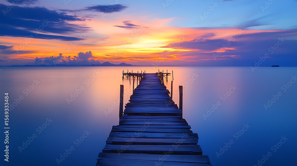 A rustic wooden pier extending into calm waters during sunset, vibrant skies above A rustic wooden pier extending into calm waters during sunset, vibrant skies above