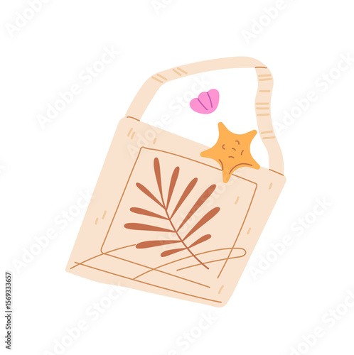 Canva, tote or eco bag for summer travel. Patterned handbag with seashell and starfish. Beach accessory, textile shopper for sea resort on coast. Flat isolated vector illustration on white background