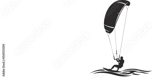 Black silhouette of kite surfer riding waves with parachute and board