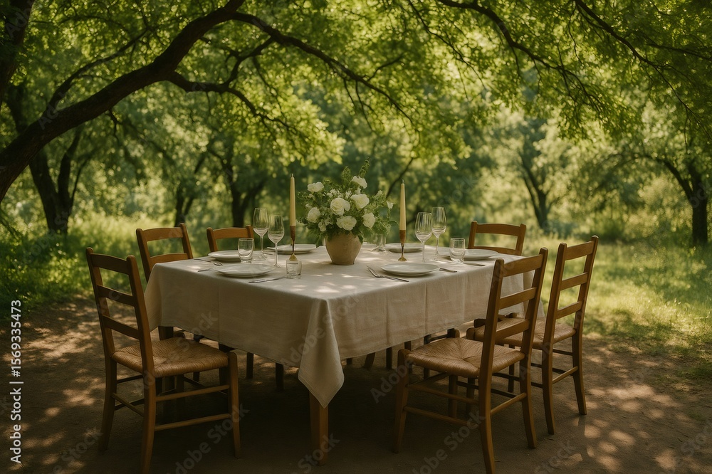 Beautifully set dining table with floral centerpiece under lush trees, creating a serene and inviting outdoor dining experience Beautifully set dining table with floral centerpiece under lush trees, creating a serene and inviting outdoor dining experience