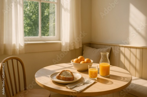 Wallpaper Mural Cozy breakfast nook bathed in sunlight, featuring a wooden table with fresh bread, orange juice, and a bowl of oranges near a bright window Torontodigital.ca