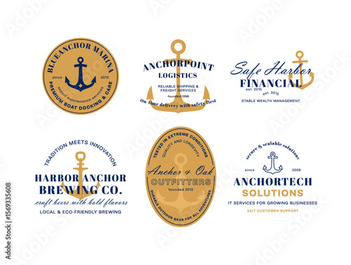 A collection of logos featuring an anchor motif representing various businesses in the maritime shipping and services sector, such as maritime berthing, logistics and financial management.