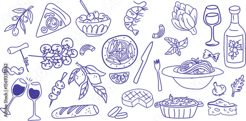 Hand drawn Italian food doodle with pasta, pizza, wine, olive, cheese, basil, shrimp, lemon. Perfect for restaurant logo, menu design, organic packaging, vintage culinary branding.