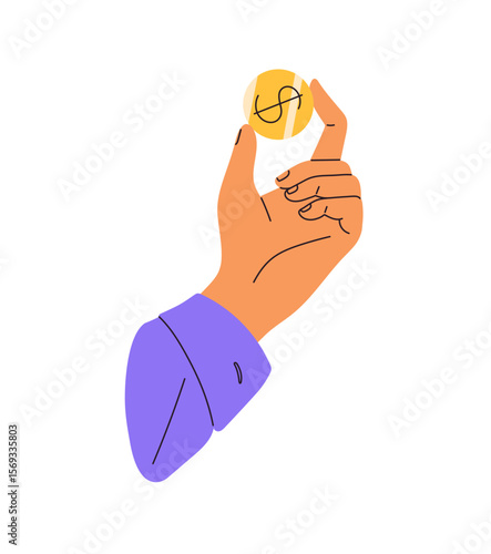 Person holds gold coin, pay by cash. Human hand with cent in fingers. Financial literacy, money saving, investment. Finance, currency exchange, payment. Flat isolated vector illustration on white