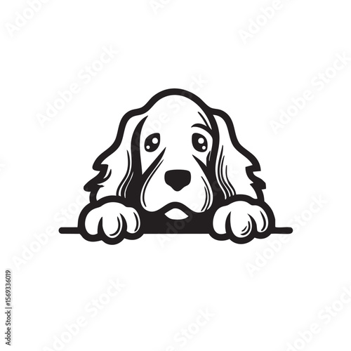 A cute dog peeking over a surface, looking innocent and curious.