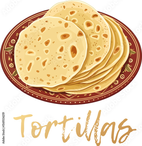Stack of delicious tortillas on a plate vector icon isolated on a white background. A traditional Mexican food, tortillas are made from corn flour and are a popular meal staple in Mexico and around