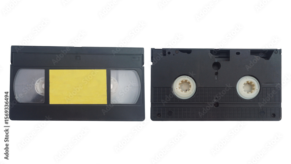 Obraz premium Vintage VHS Video Cassette Tape, Open and Closed, Isolated on White Background