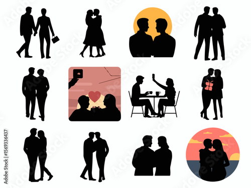 Collection of diverse romantic couple silhouettes depicting various moments of love and connection including walking holding hands kissing hugging taking selfies and celebrating with gifts