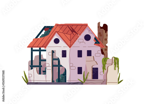 Damaged house with collapsed roof. Abandoned broken building. Destroyed old ruins of construction. City after war, natural disaster, apocalypse. Flat isolated vector illustration on white background