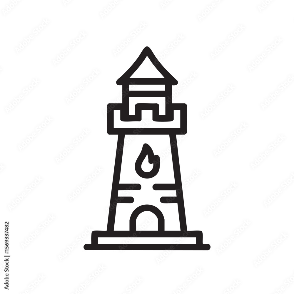 A simple line icon of a lighthouse with a flame symbol. A simple line icon of a lighthouse with a flame symbol.