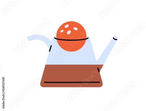 Coffee pot with modern shape. Glass teapot to brew herbal beverages and making drinks. Transparent kettle, coffeepot with hot water and tea herbs. Flat isolated vector illustration on white background