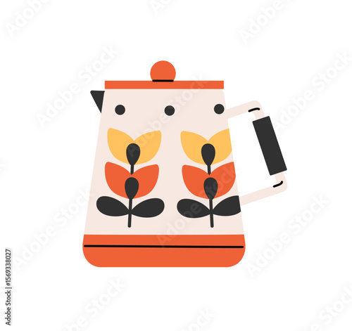Ornamented teapot for preparing herbal drinks. Metal tea pot to boil water to brew herbs or coffee. Kettle with pattern of flowers for cooking hot beverages. Flat isolated vector illustration on white