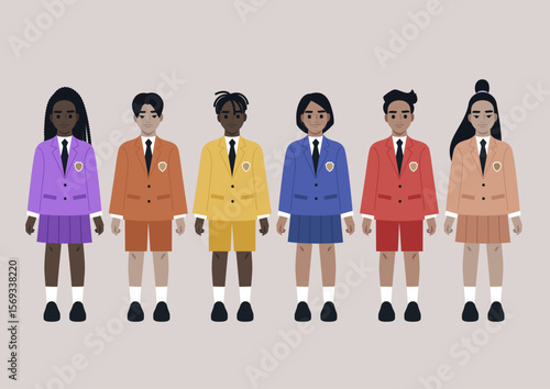 Brightly colored uniforms reflect the individuality of six pupils standing confidently side by side in an engaging school environment, highlighting their unity and friendship