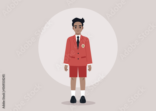 Standing confidently, a young boy in a colorful schoolboy uniform captures attention with his neatly styled hair and formal posture, ready to engage in school activities and camaraderie
