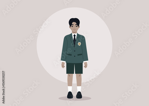 Standing confidently, a young boy in a colorful schoolboy uniform captures attention with his neatly styled hair and formal posture, ready to engage in school activities and camaraderie