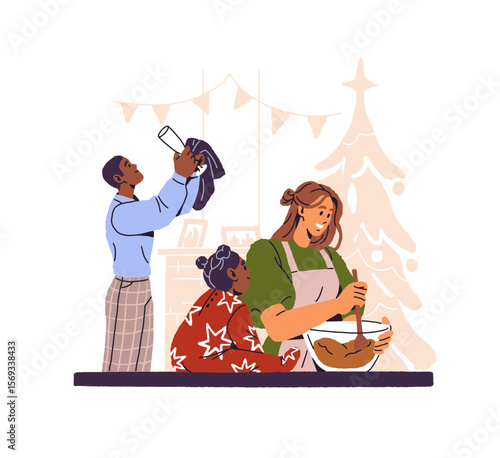 Happy family is preparing for Christmas together. Mother and baby are cooking Xmas dinner, father sets New Year table. Parents, kid celebrate winter holiday. Flat isolated vector illustration on white