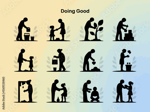 Collection of diverse silhouette illustrations depicting acts of kindness and doing good deeds with people of different ages and activities