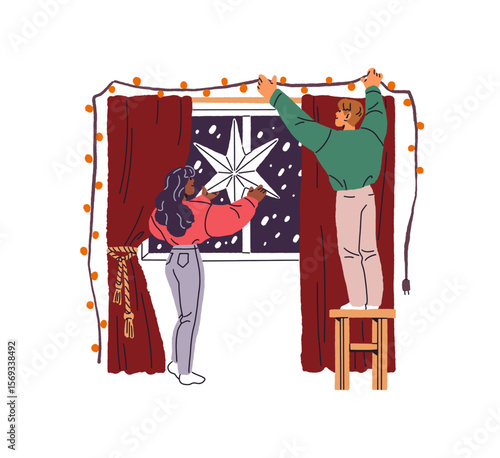 Romantic couple decorates window for Christmas. Happy people ornament home with Xmas baubles. Man and woman are preparing for New year, winter holiday. Flat isolated vector illustration on white