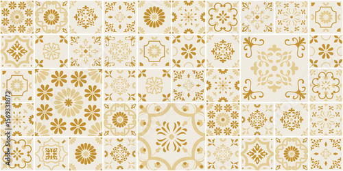 Gold Beige Portuguese Azulejo Tiles Vector Seamless Pattern, Wallpaper Geometric Mosaic Set, Large Size Traditional Mediterranean Italian Floral, Spanish Ceramic or Mexican Talavera Ornaments