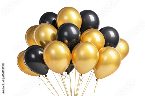 A luxurious bunch of black and gold balloons isolated on transparent background