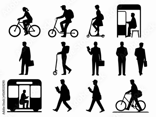 Collection of diverse people commuting and traveling using bicycles scooters and public transport in a clean silhouette style