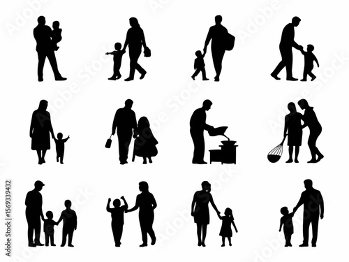 Collection of diverse family moments captured in a clean modern black silhouette style showing parents and children interacting in various everyday activities silhouette