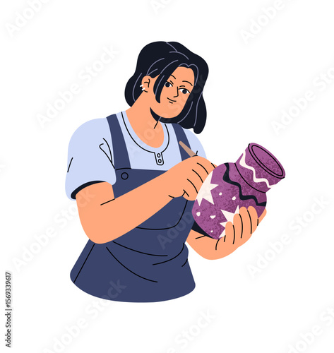 Woman does ceramics, painting clay vase. Girl is making pottery, drawing crock with paint brush. Potter holds ware, creates crockery in art class. Flat isolated vector illustration on white background