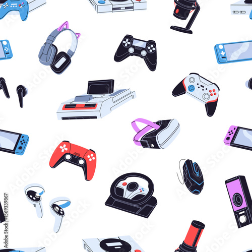 Repeatable pattern of video gaming items. Endless background of devices for gamers, accessories to play computer. Modern joysticks, consoles, gamepads, microphone. Flat seamless vector illustration