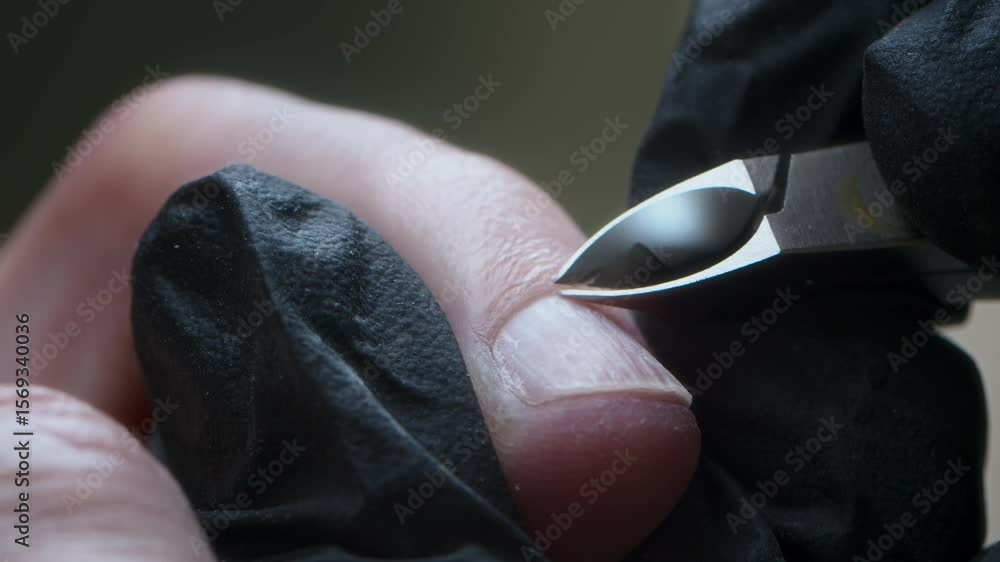 Closeup of manicurist in black gloves using cuticle nipper to trim away cuticle around male client nail bed during grooming experience at salon