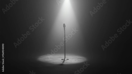 microphone on stand with spotlight in monochrome stage setting