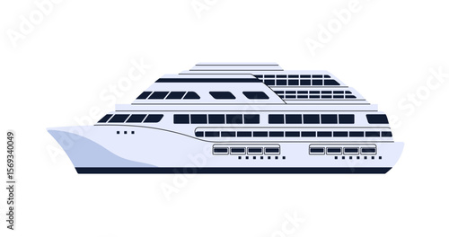 Cruise liner is floating to resort on vacation. Sea ship travels on ocean. Big modern boat is on water. Marine cruiser is on summer voyage. Flat isolated vector illustration on white background