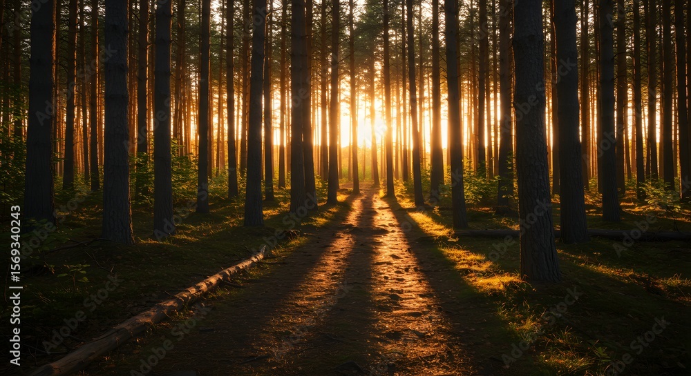 Obraz premium Tranquil Forest Scene with Golden Hour Light