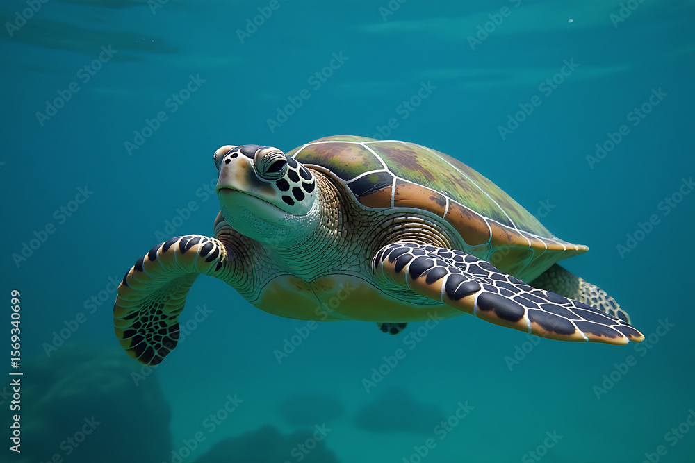 Fototapeta premium Graceful Sea Turtle Swimming Underwater Near Coral Reef