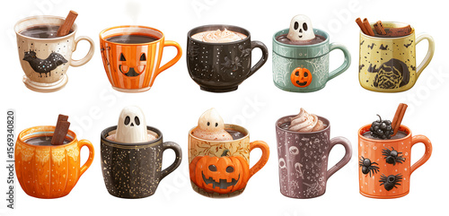 Halloween cups and mugs with hot drinks, decorative autumn holiday spooky stickers with pumpkins and ghosts decorations. Creepy beverages for Halloween parties. Illustrative art.