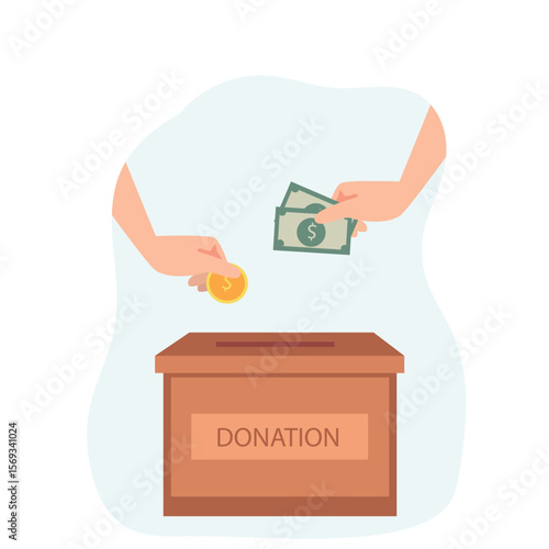 Donation box collecting money and hand putting paper money and coin in the donate box. providing material assistance to socially vulnerable people vector illustration
