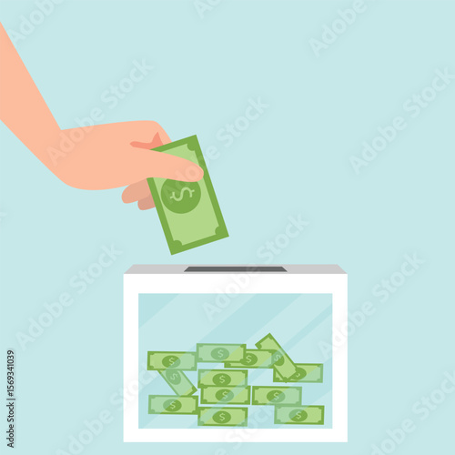 Donation box collecting money and hand putting paper money in the donate box. providing material assistance to socially vulnerable people vector illustration